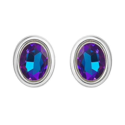 Oval Silver-Plated Stud Earrings with Purple-Blue Stone