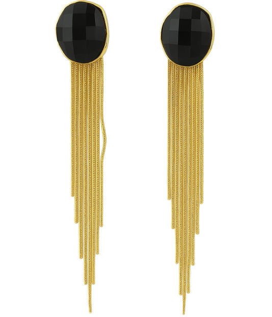 GOLD plated black stone long Tassel Earrings for Women and Girls | party wear stylish Dangler Earrings
