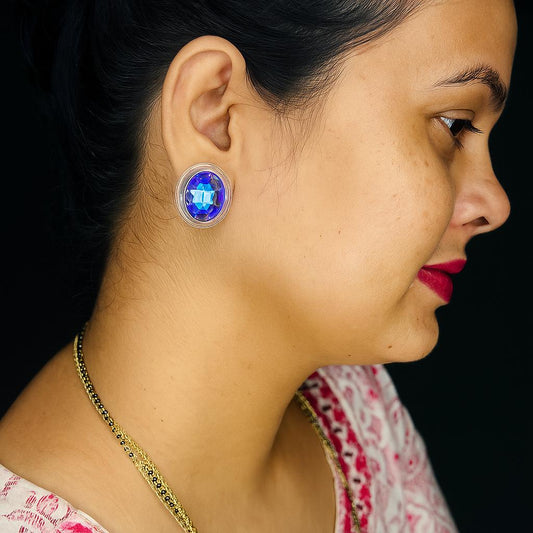 Oval Silver-Plated Stud Earrings with Purple-Blue Stone