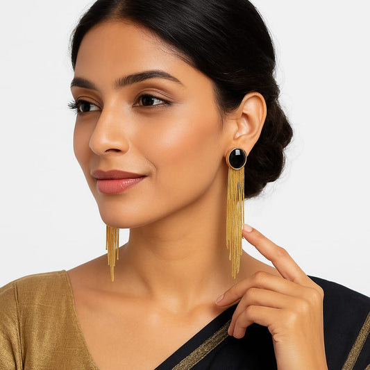 GOLD plated black stone long Tassel Earrings for Women and Girls | party wear stylish Dangler Earrings
