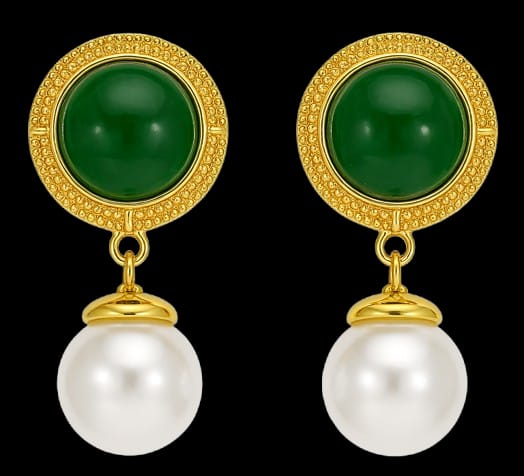 Elegant Green Stone & Pearl Drop Gold-Plated Earrings