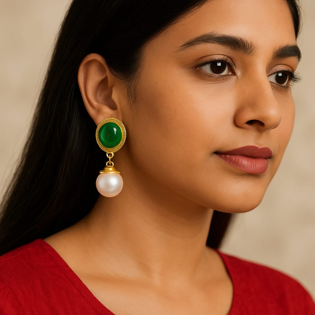 Elegant Green Stone & Pearl Drop Gold-Plated Earrings
