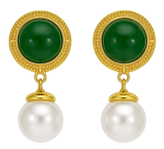 Elegant Green Stone & Pearl Drop Gold-Plated Earrings