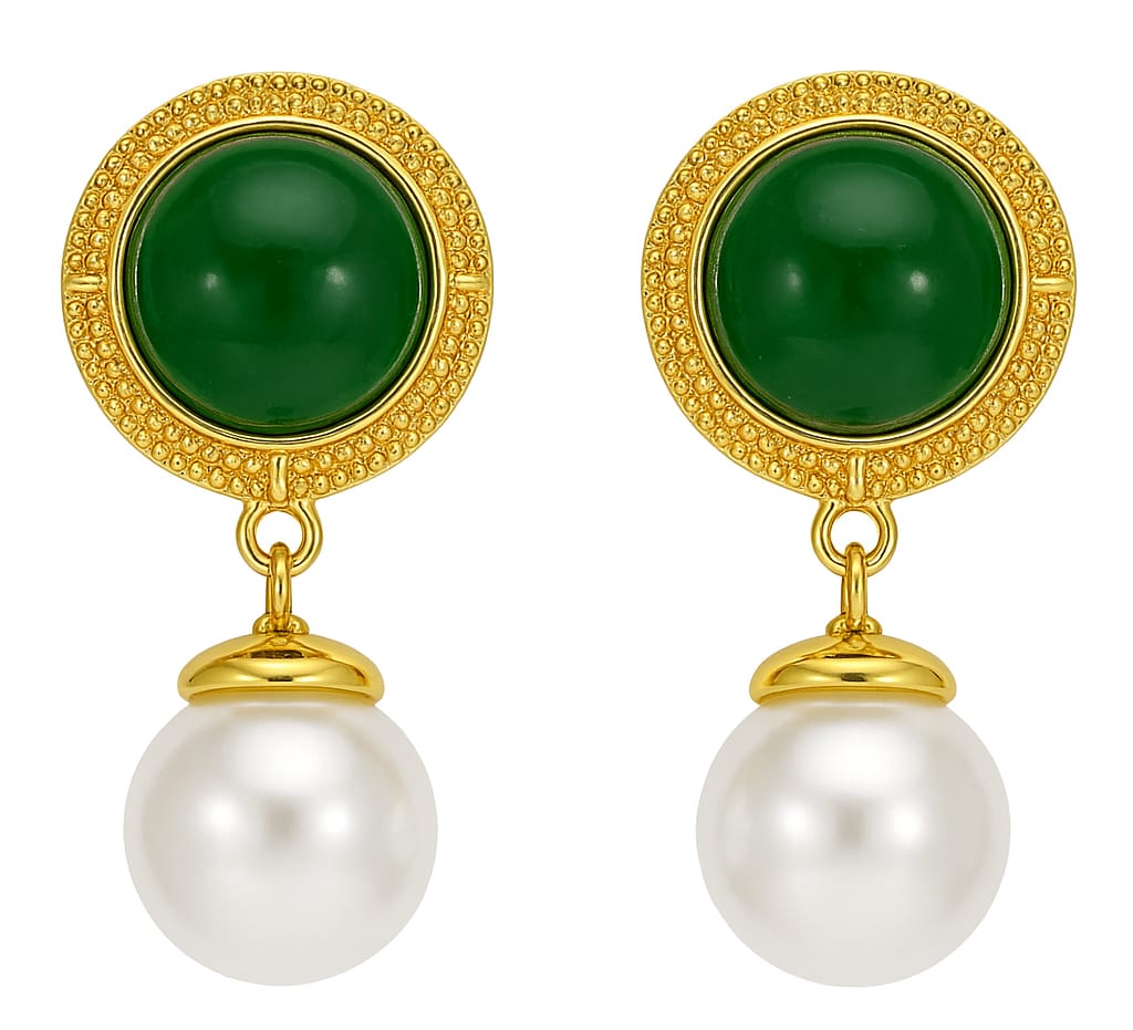 Elegant Green Stone & Pearl Drop Gold-Plated Earrings